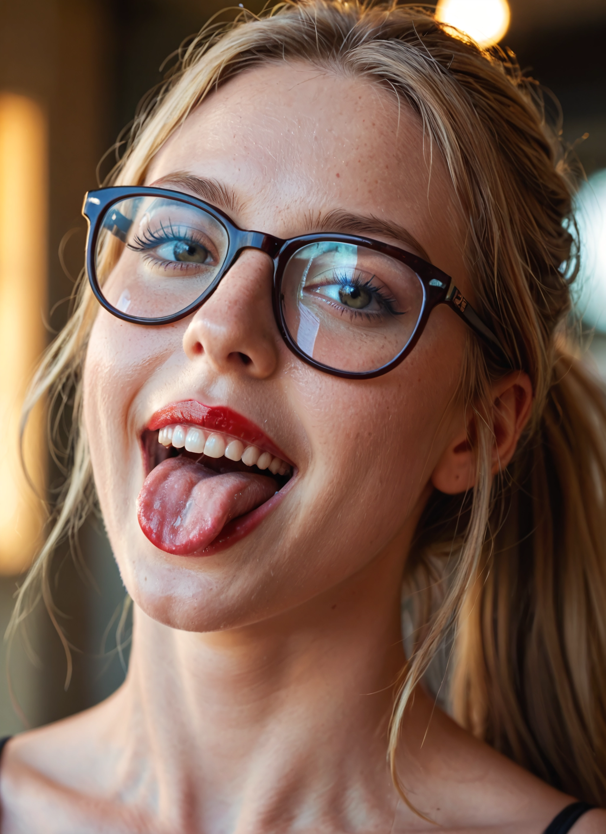 1girl, glasses, solo, tongue, tongue out, blonde hair · Yamete.gg