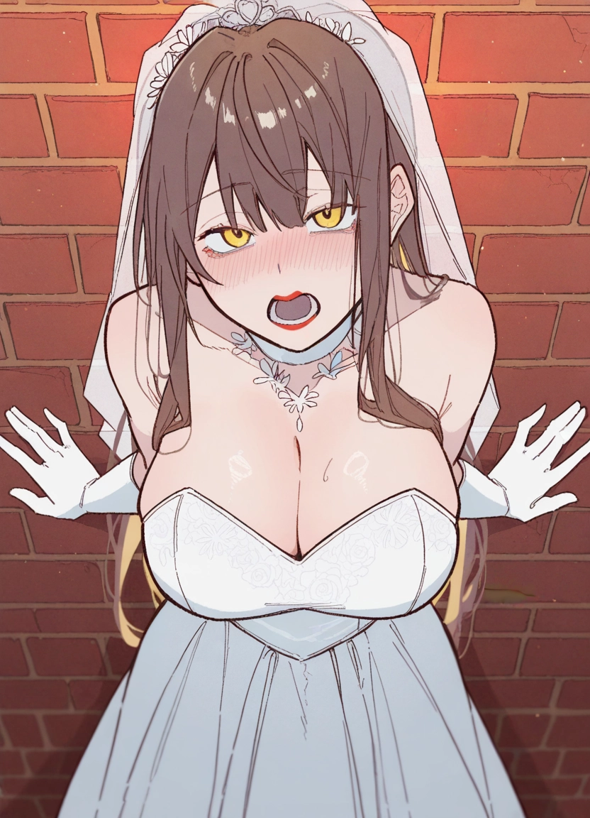 breasts, 1girl, dress, gloves, wedding dress, cleavage · Yamete.gg