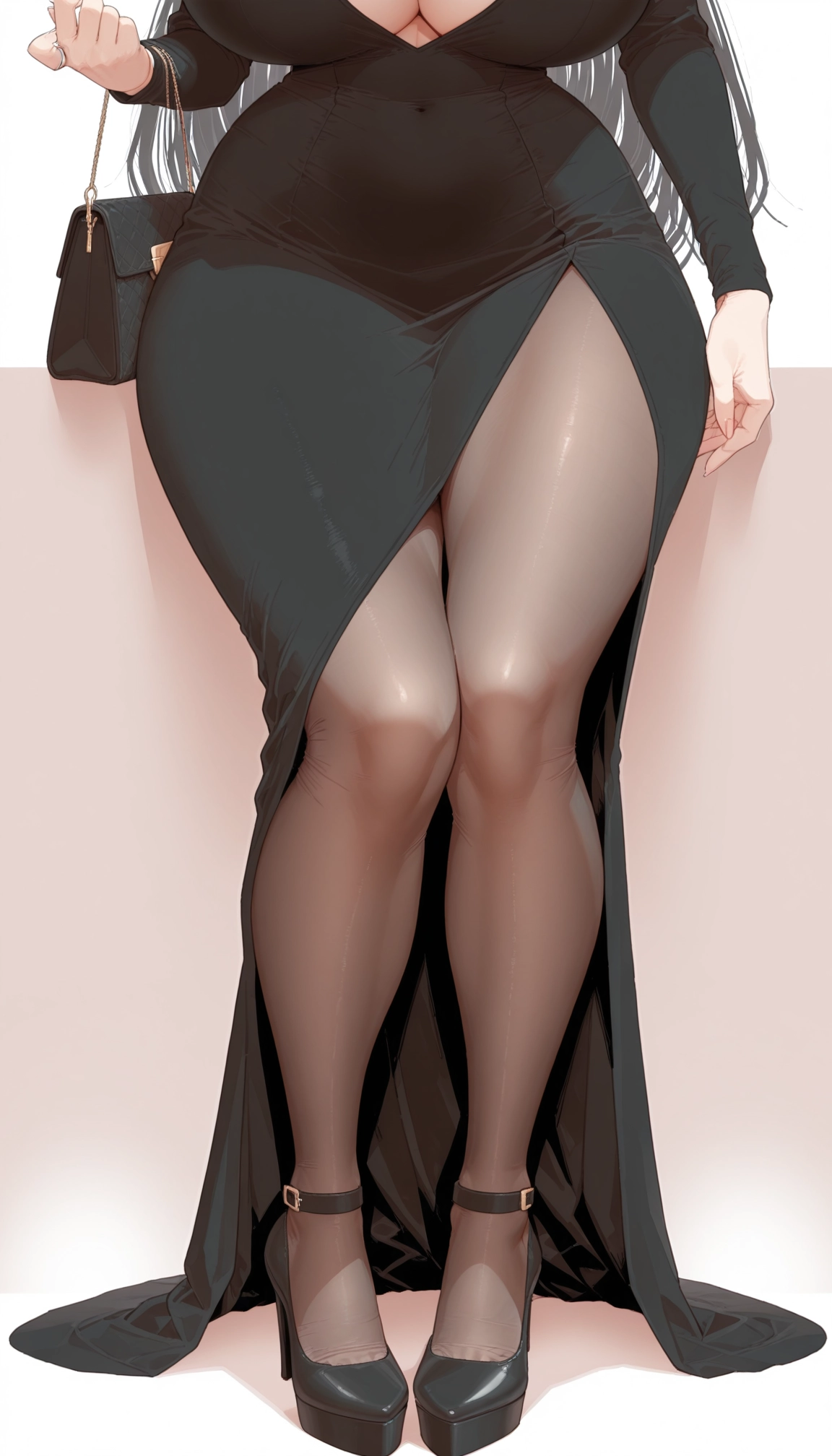 1girl, breasts, dress, pantyhose, bag, high heels · Yamete.gg