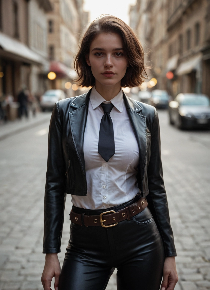 1girl, blurry background, necktie, realistic, blurry, shirt · Yamete.gg