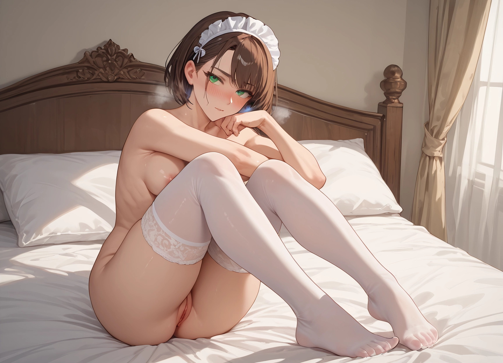 1girl, breasts, thighhighs, solo, pussy, maid headdress · Yamete.gg