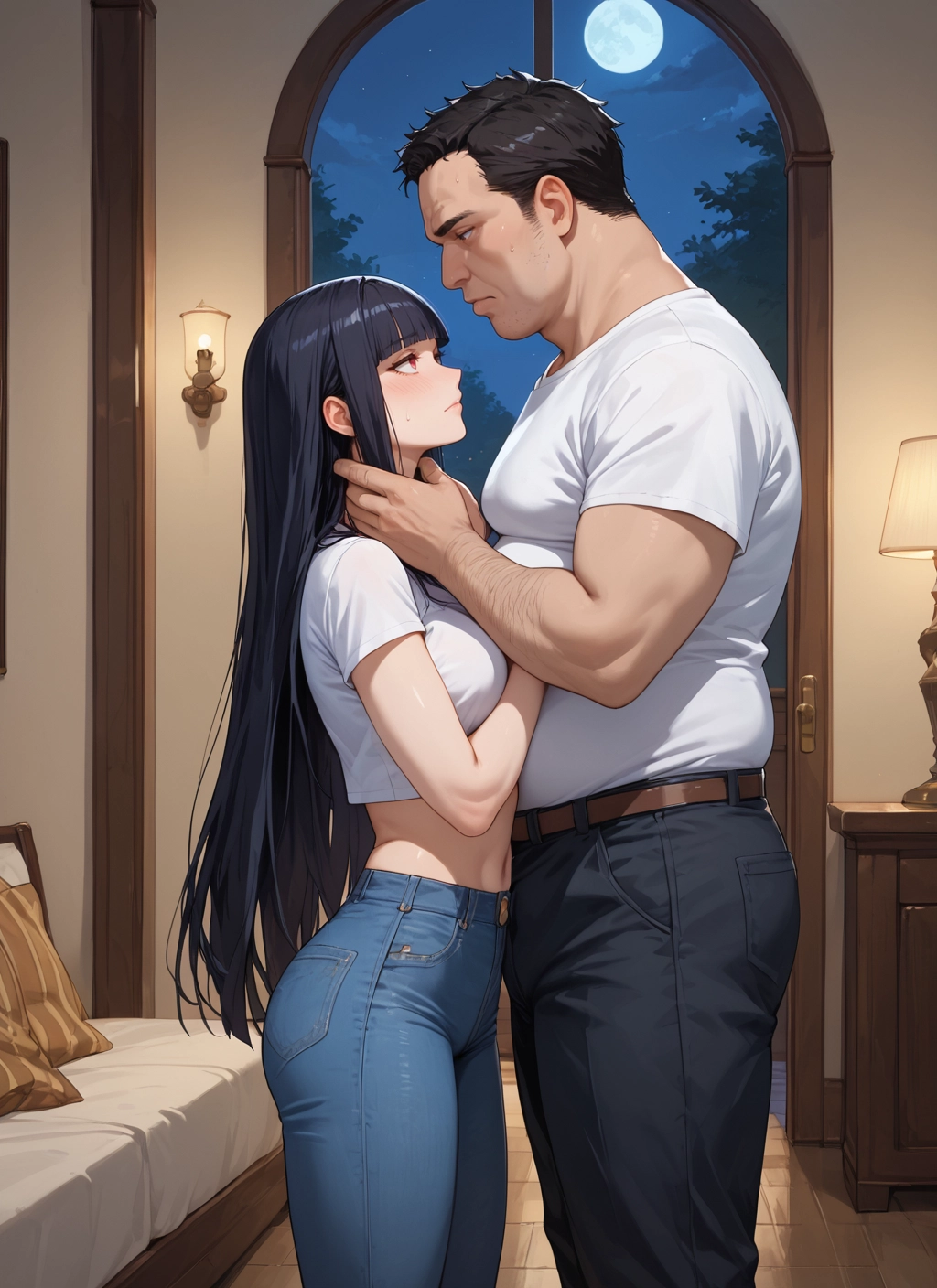 1girl, 1boy, long hair, black hair, pants, breasts · Yamete.gg