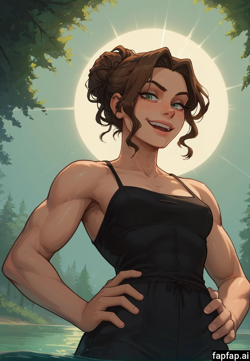 1girl, solo, muscular female, hands on hips, muscular, brown hair