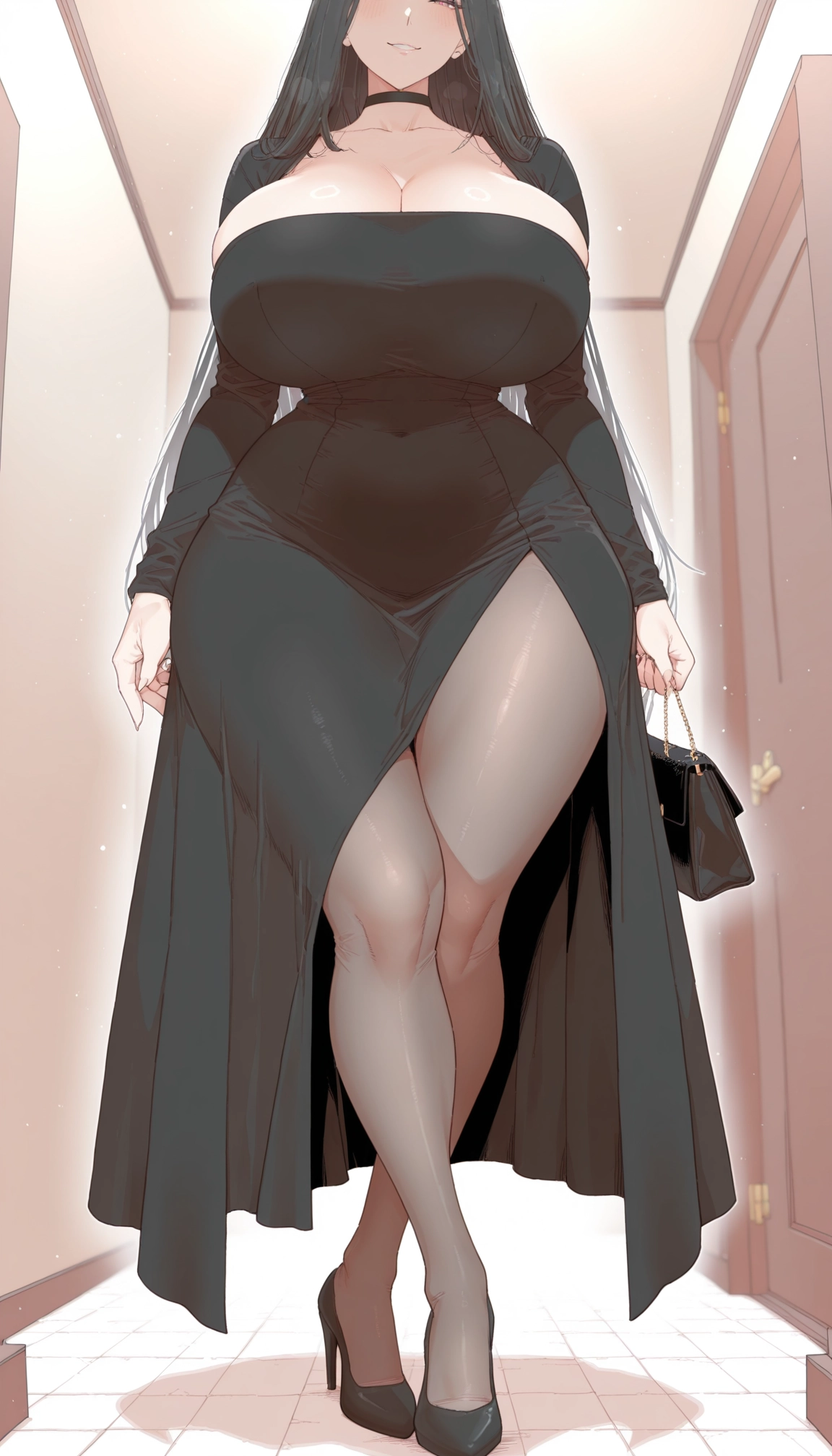1girl, breasts, dress, pantyhose, bag, long hair · Yamete.gg