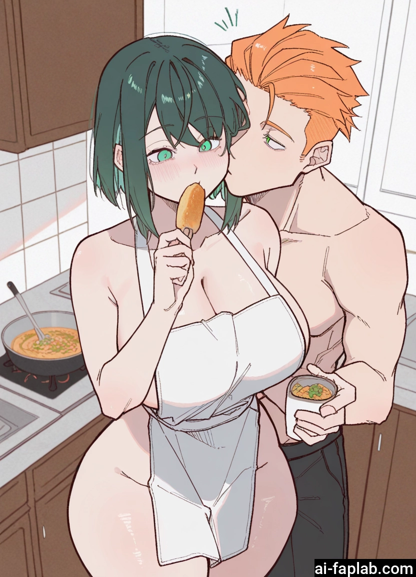 1girl, 1boy, breasts, apron, naked apron, green eyes
