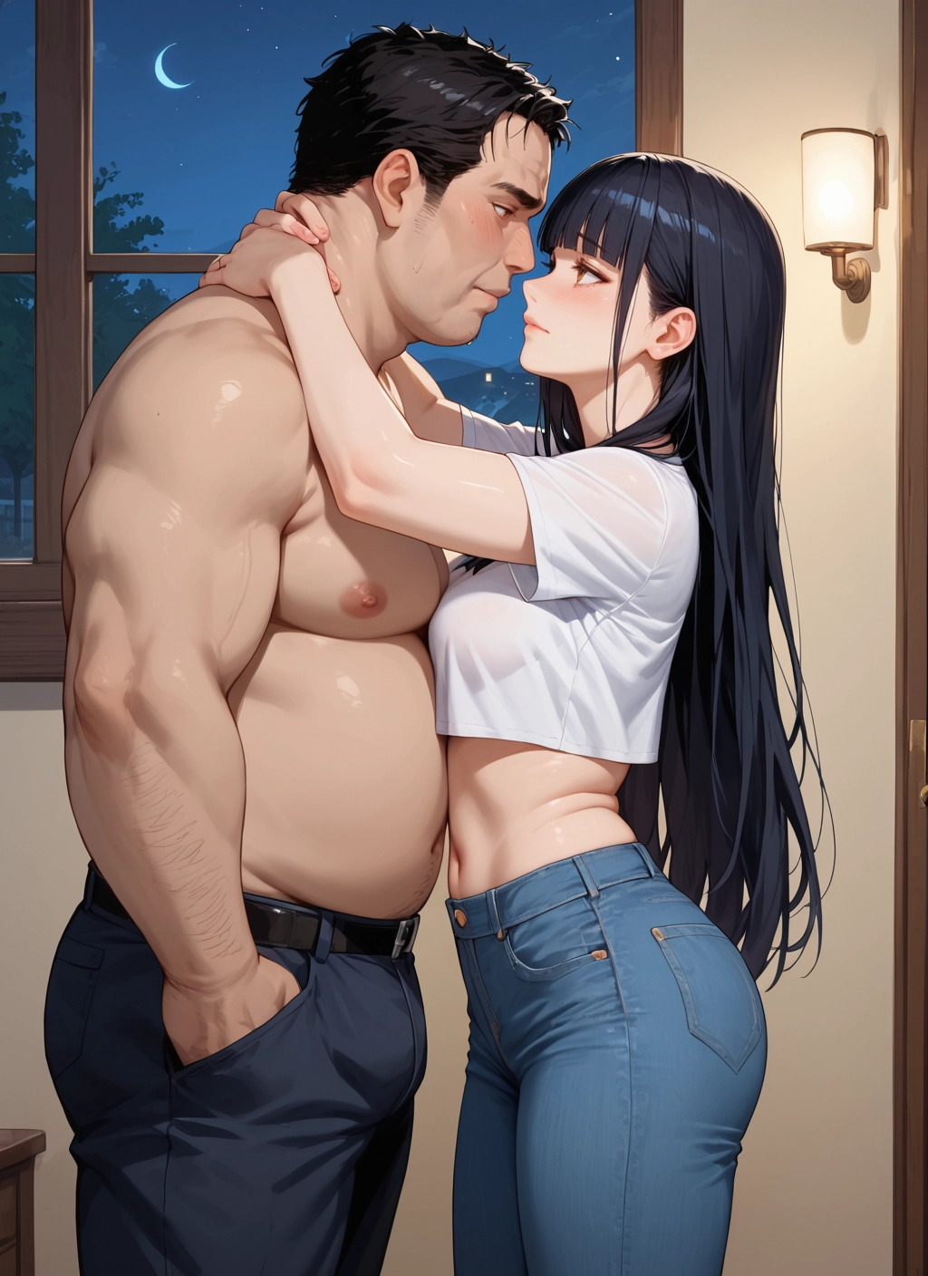 1girl, 1boy, long hair, black hair, pants, breasts · Yamete.gg