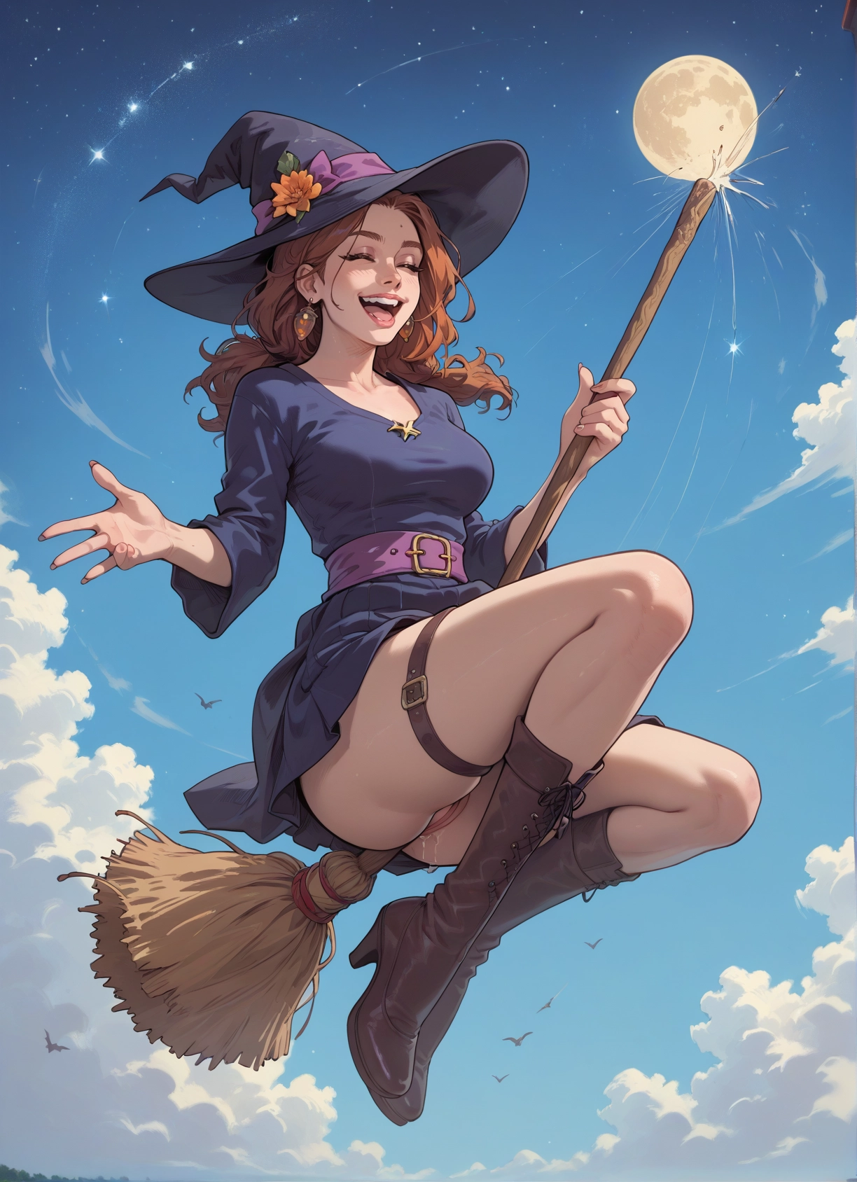 1girl, hat, broom, witch hat, boots, moon · Yamete.gg