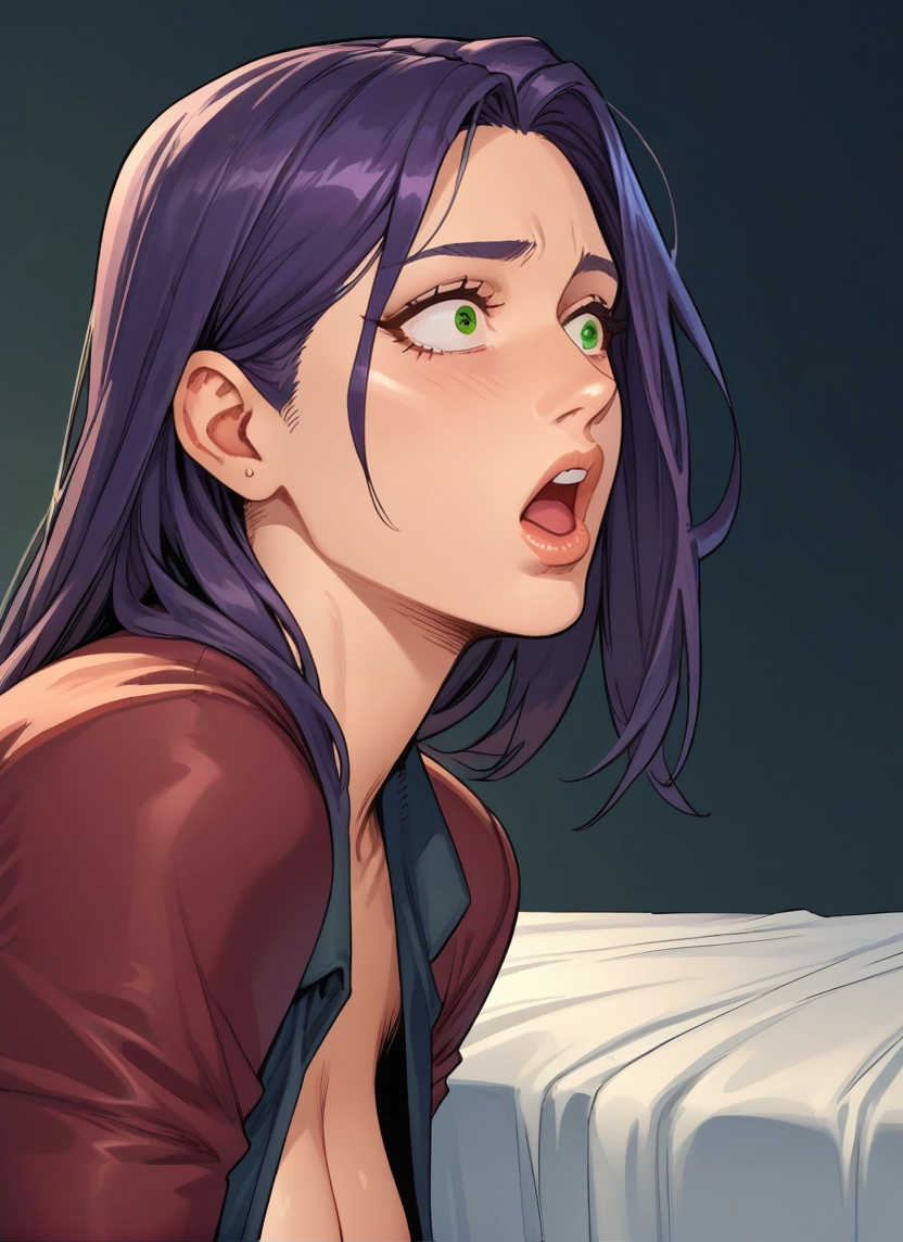 1girl, breasts, green eyes, open mouth, solo, purple hair · Yamete.gg
