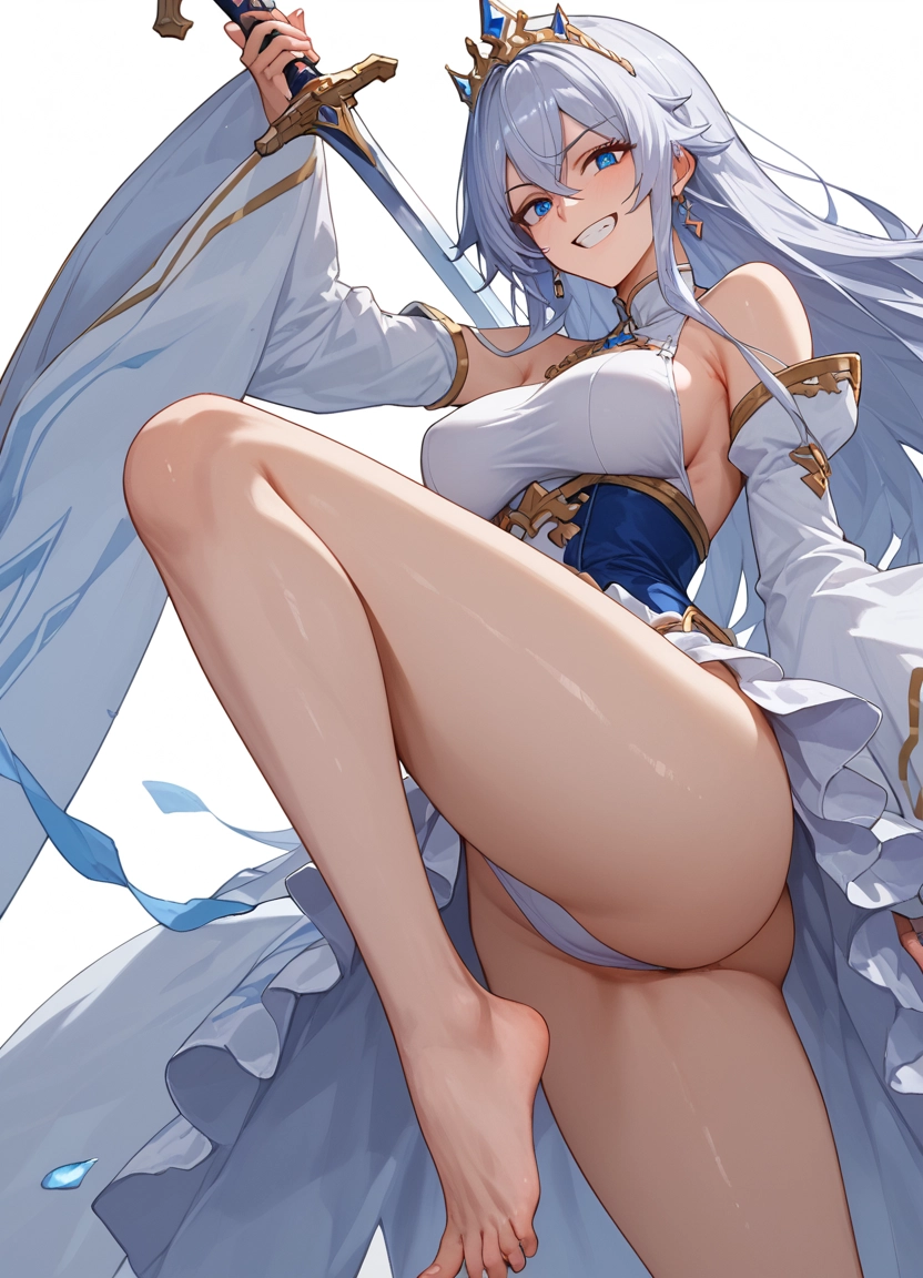 1girl, weapon, breasts, blue eyes, smile, sword · Yamete.gg