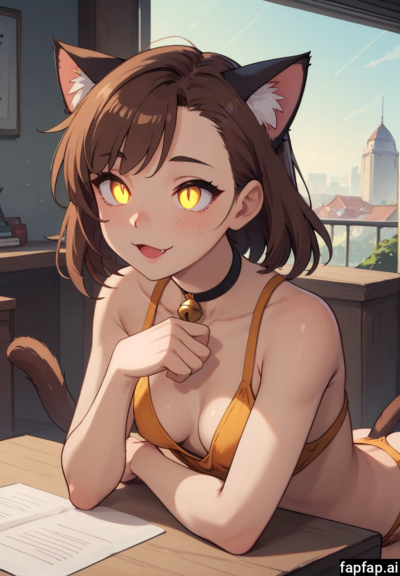 1girl, animal ears, breasts, brown hair, solo, bell