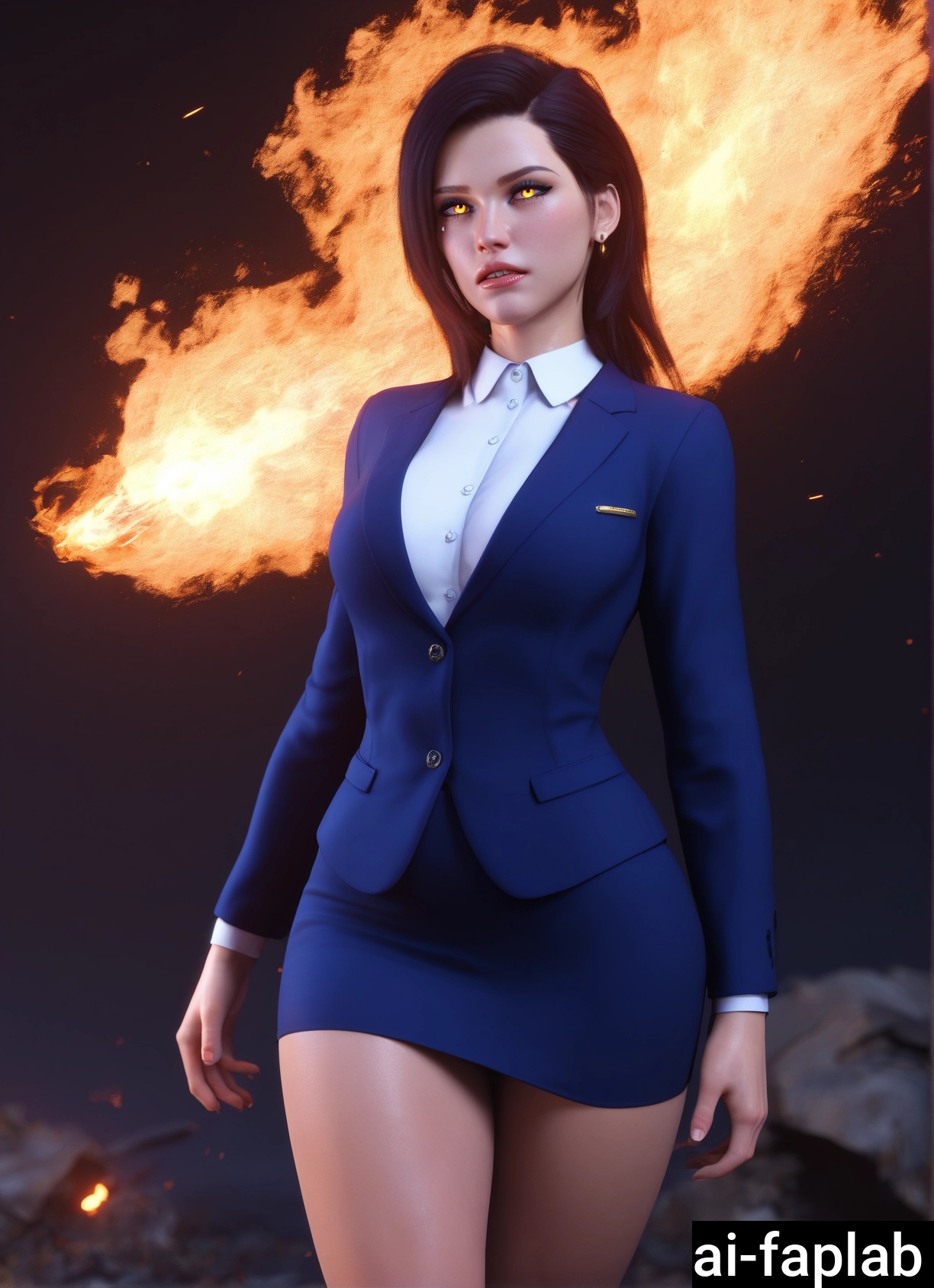 1girl, solo, skirt, fire, shirt, white shirt · Yamete.gg
