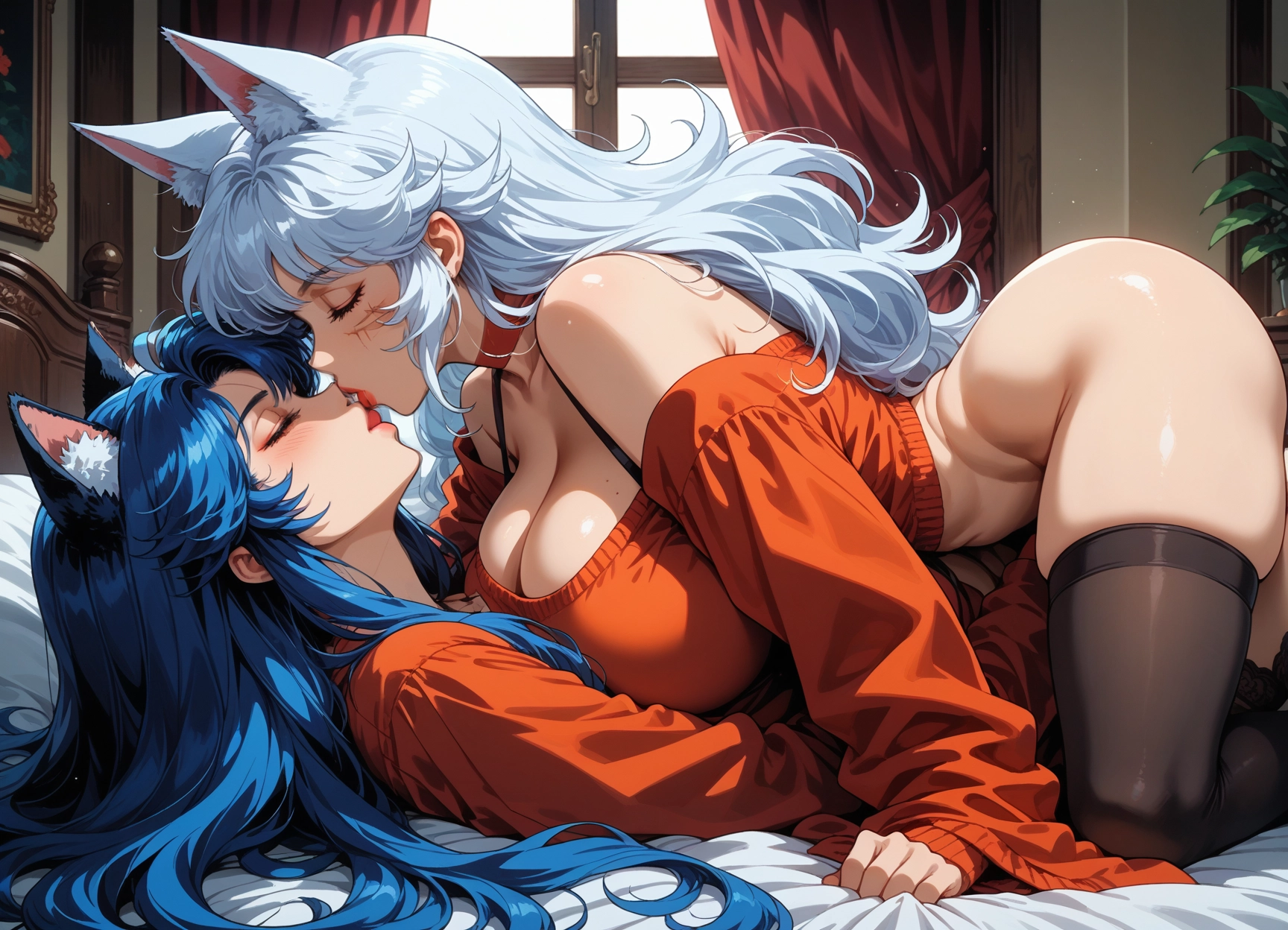 breasts, multiple girls, animal ears, 2girls, thighhighs, sweater · Yamete.gg