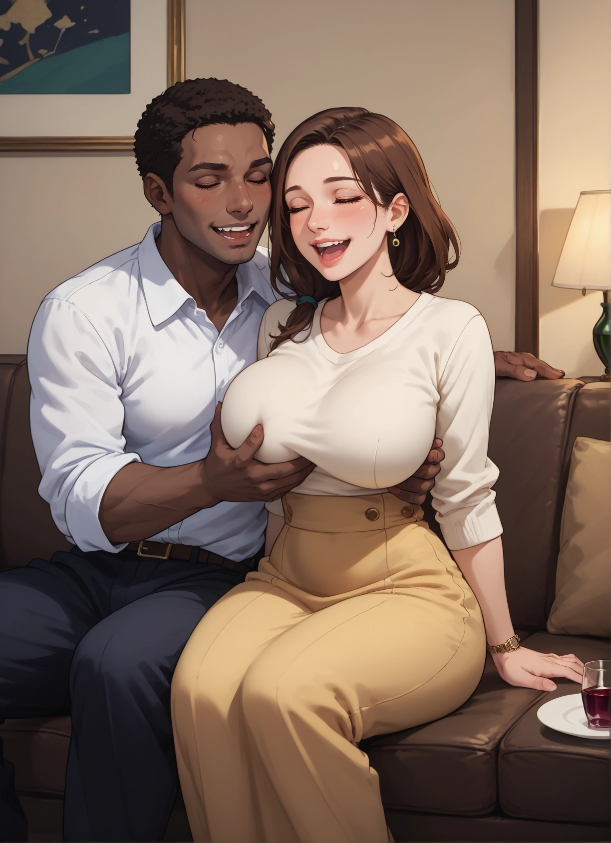 1girl, 1boy, breasts, brown hair, grabbing, breast grab · Yamete.gg