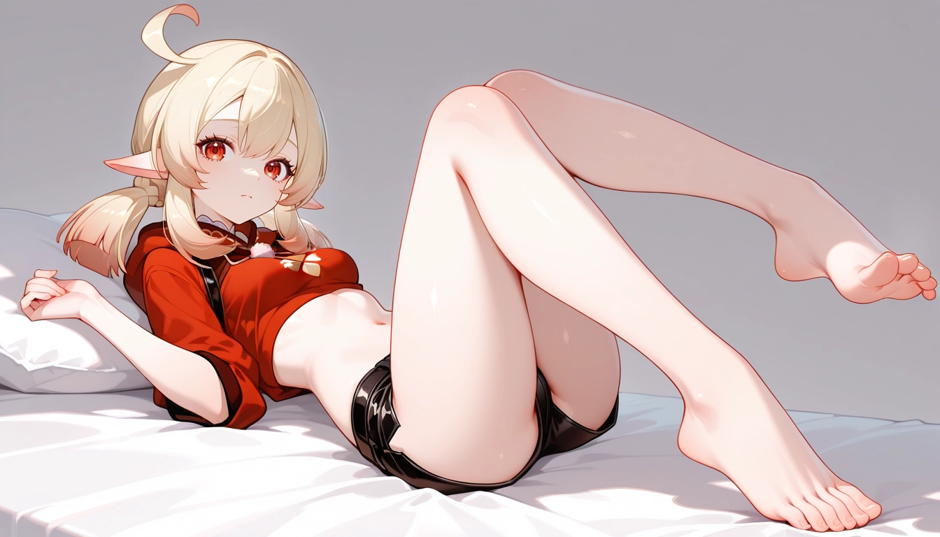 1girl, barefoot, on back, solo, ahoge, feet · Yamete.gg