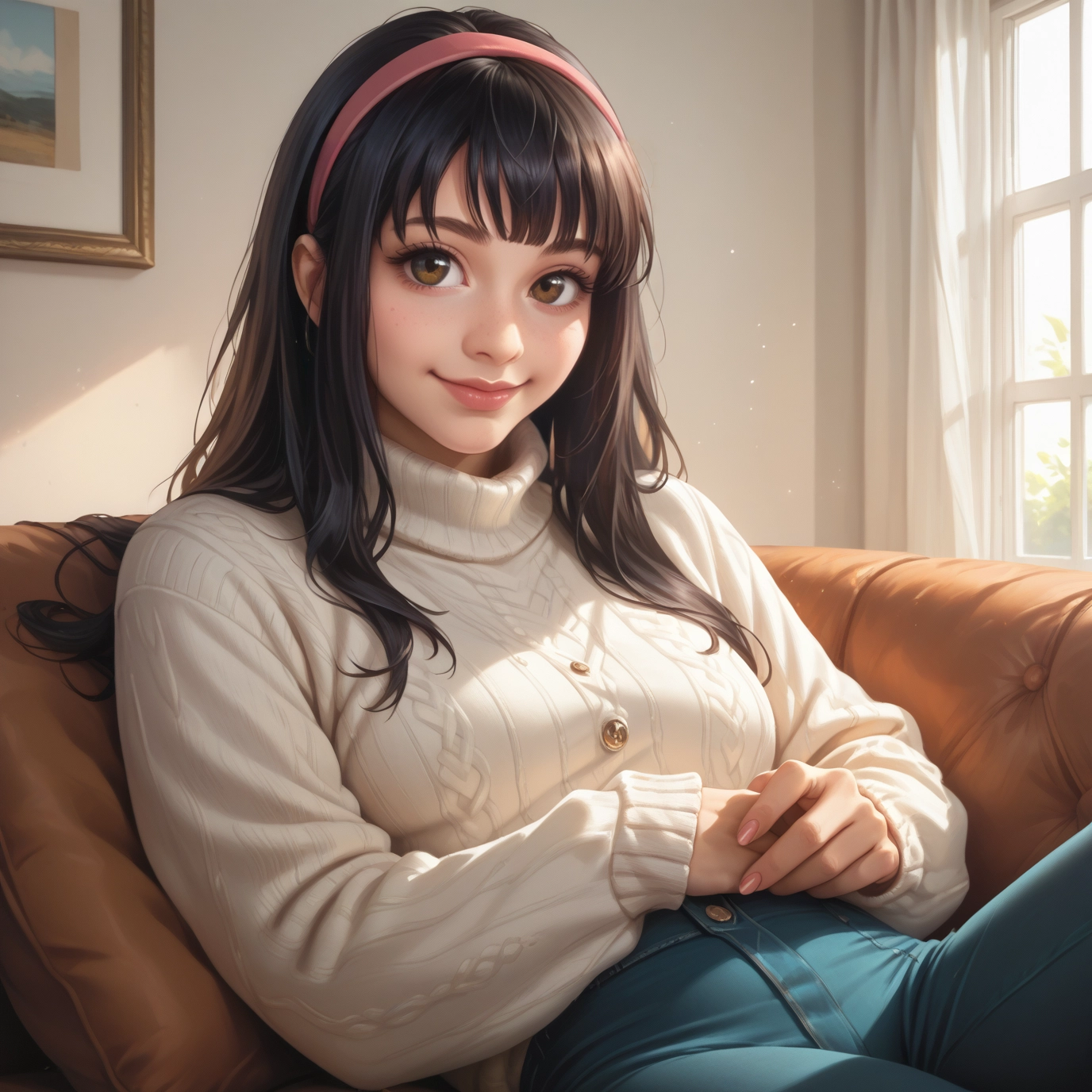 1girl, solo, sweater, hairband, brown eyes, pants · Yamete.gg