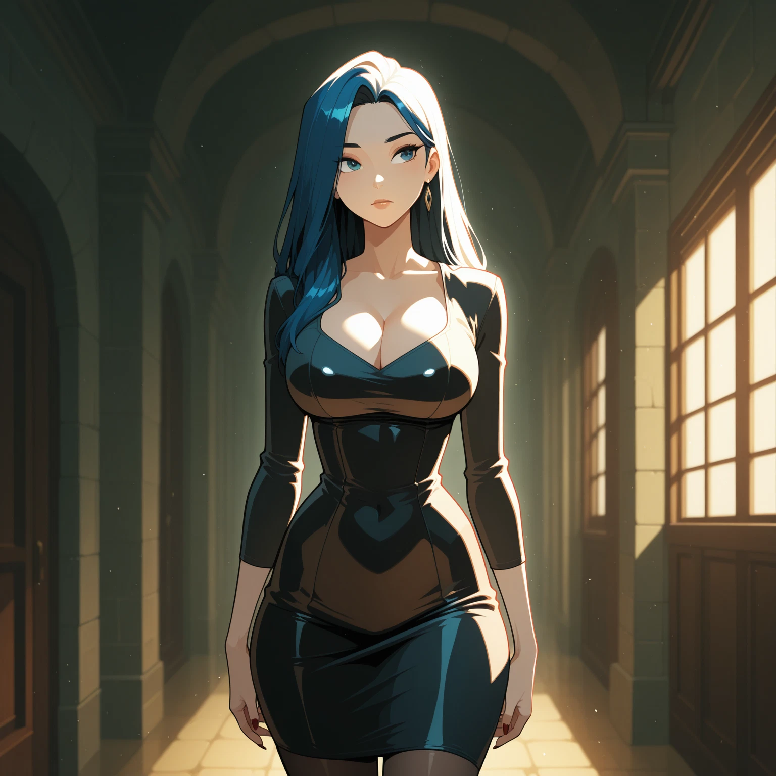1girl, breasts, solo, blue hair, earrings, jewelry · Yamete.gg