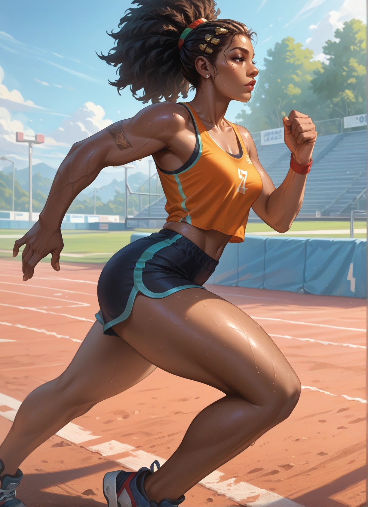 1girl, solo, shorts, sweat, breasts, tattoo · Yamete.gg