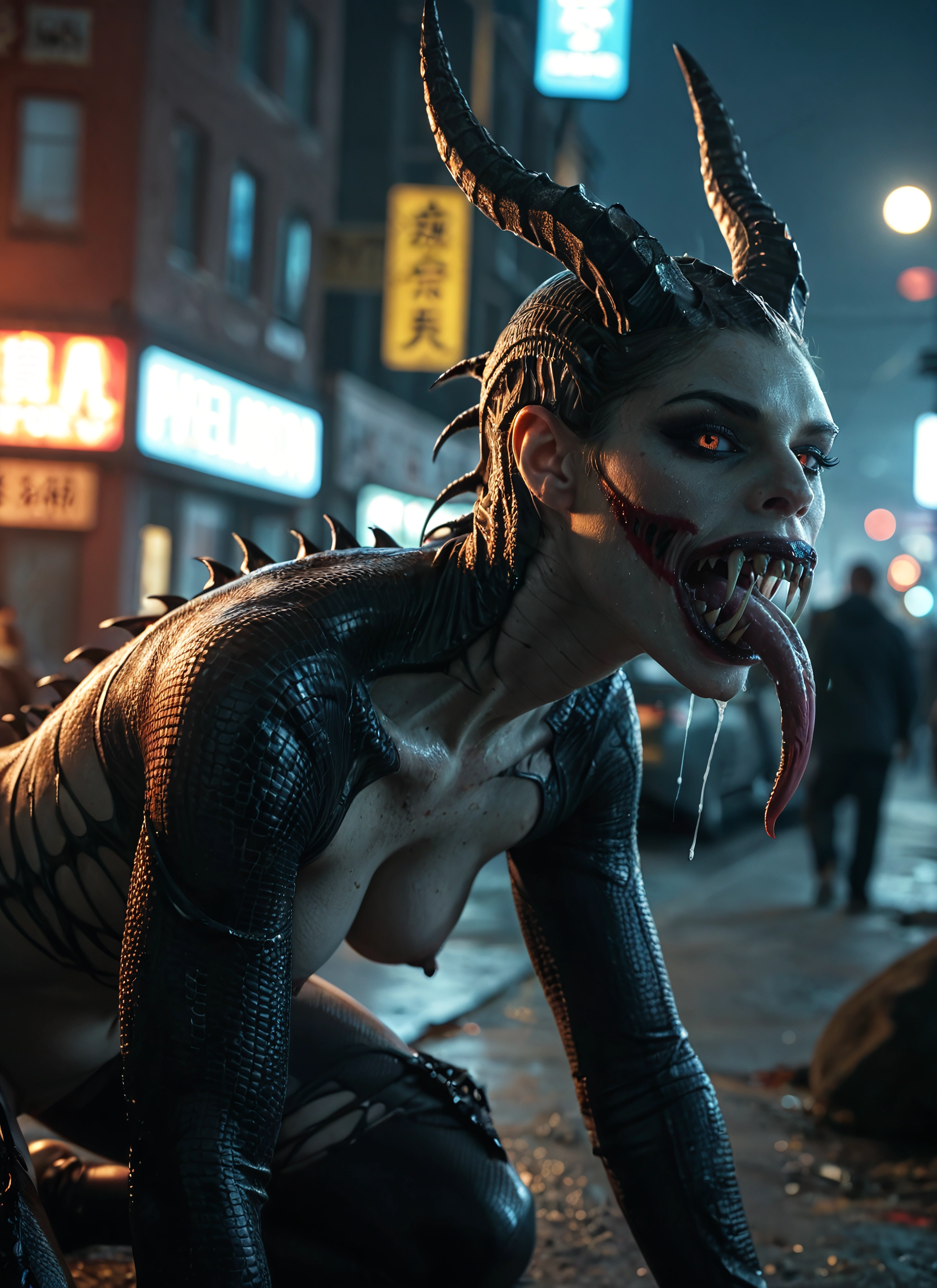 1girl, horns, breasts, tongue, nipples, tongue out · Yamete.gg