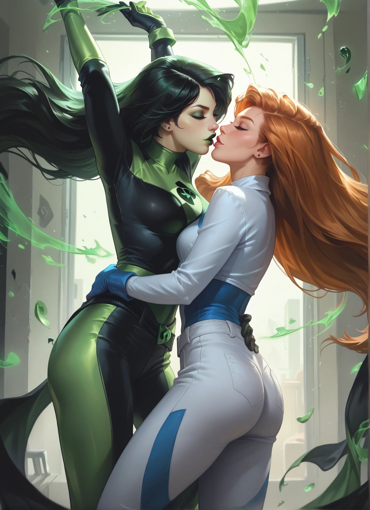 multiple girls, 2girls, yuri, closed eyes, ass, bodysuit · Yamete.gg