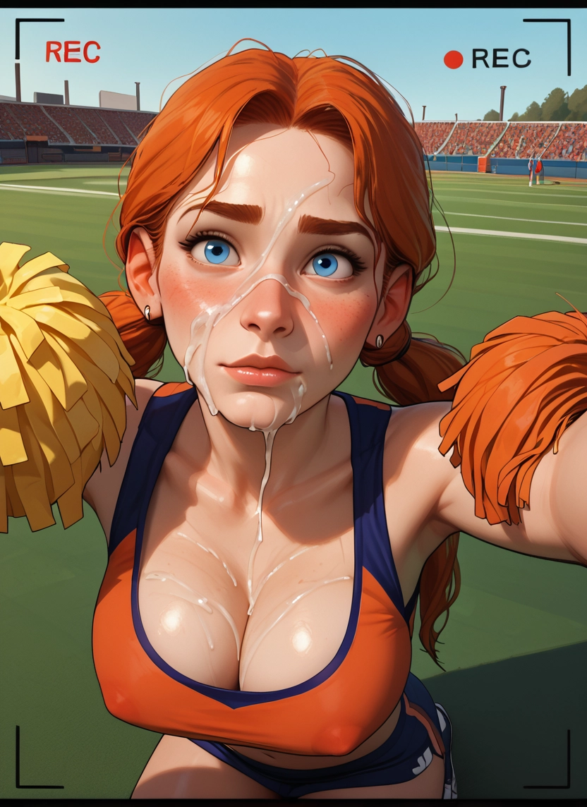 breasts, 1girl, cum, pom pom (cheerleading), facial, blue eyes · Yamete.gg