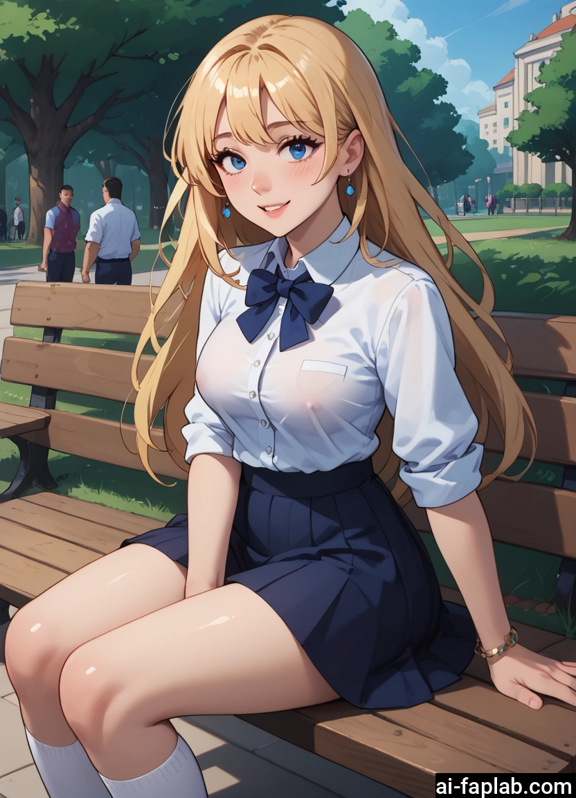 skirt, jewelry, blue eyes, earrings, long hair, breasts · Yamete.gg