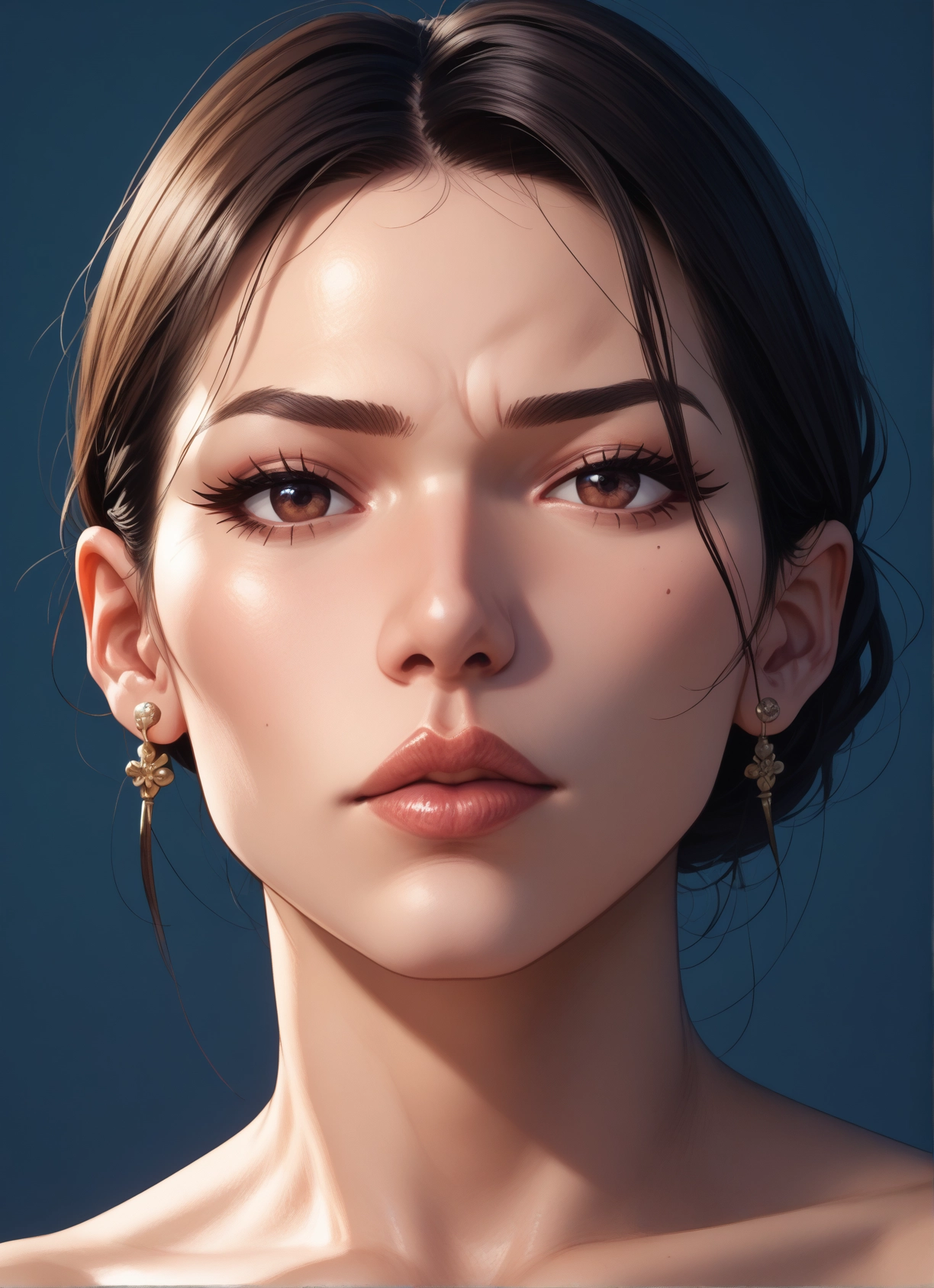 1girl, solo, jewelry, earrings, brown eyes, brown hair · Yamete.gg
