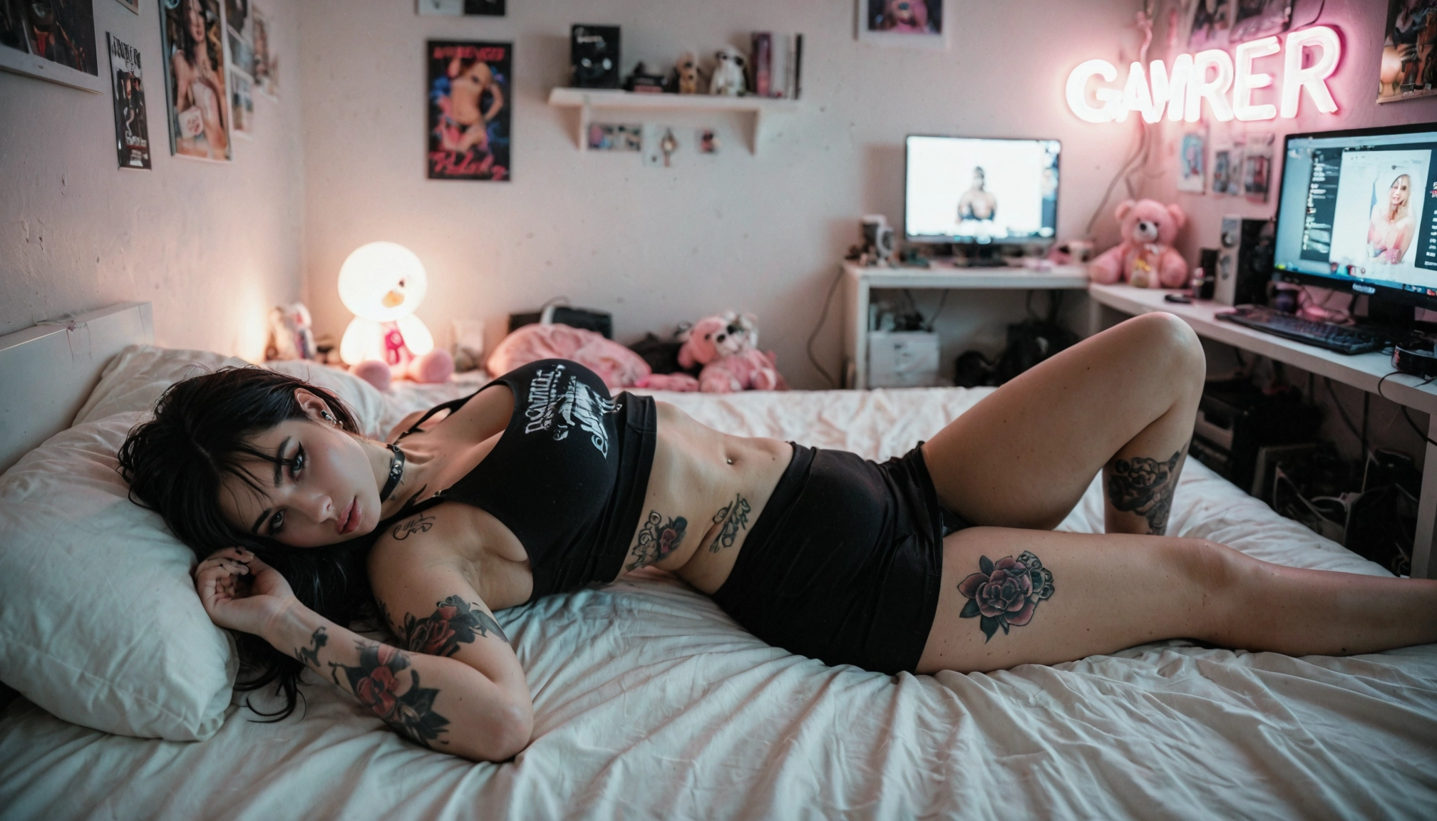 1girl, breasts, tattoo, lying, solo, piercing · Yamete.gg