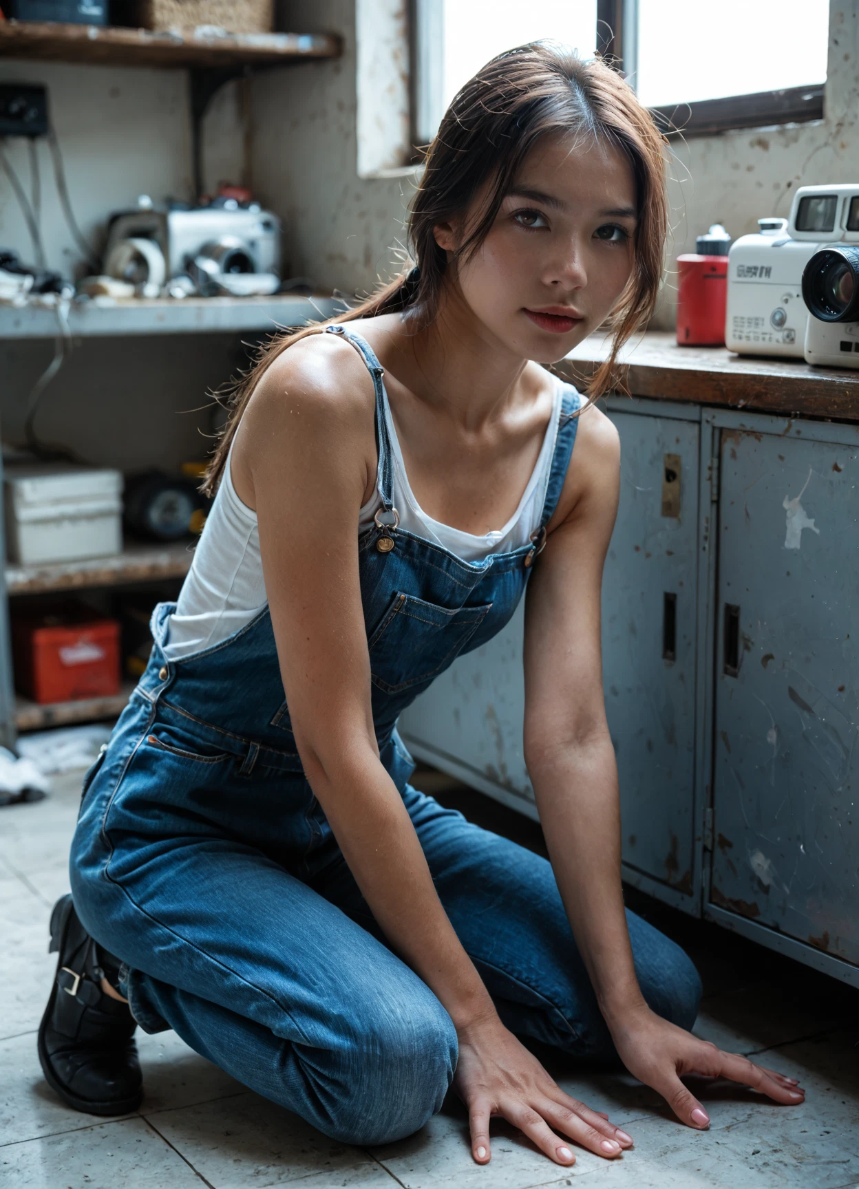 1girl, realistic, solo, overalls, brown hair, looking at viewer