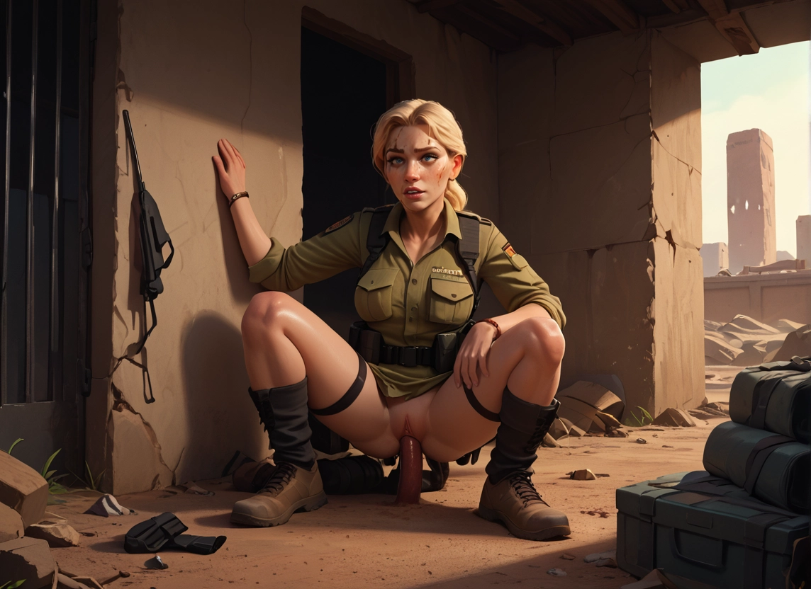 1girl, boots, blonde hair, weapon, pussy, solo
