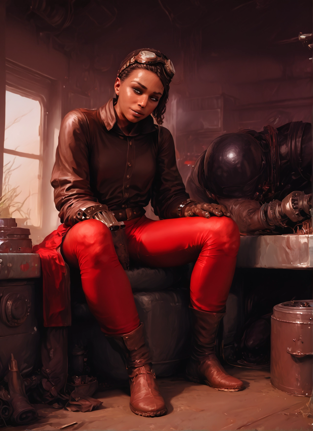goggles, 1girl, sitting, boots, goggles on head, helmet