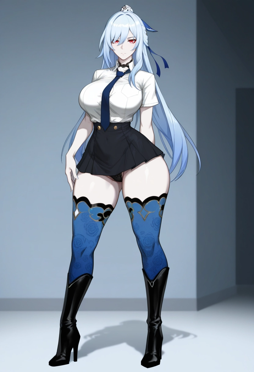 1girl, breasts, solo, thighhighs, necktie, high heel boots