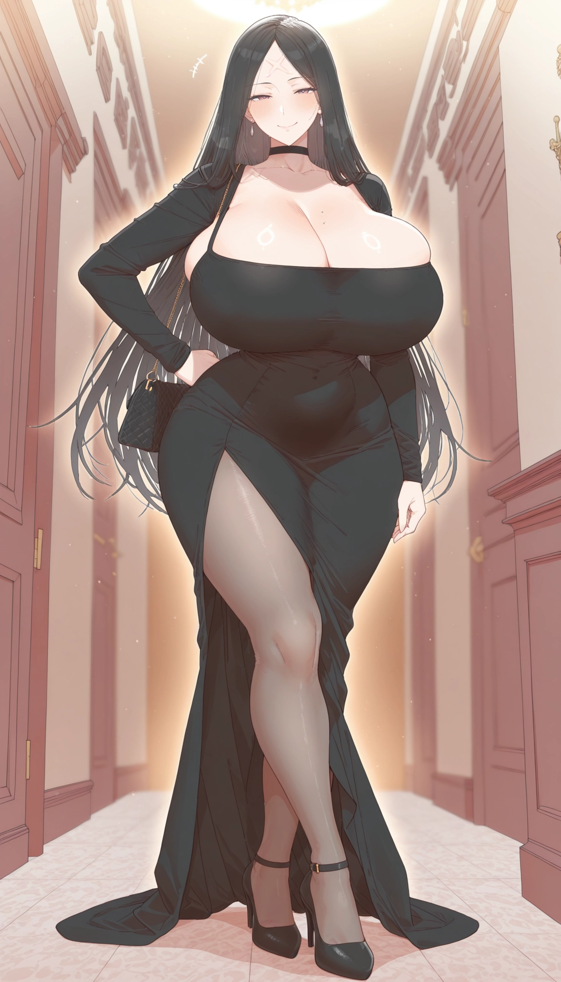 1girl, breasts, dress, pantyhose, black hair, long hair · Yamete.gg