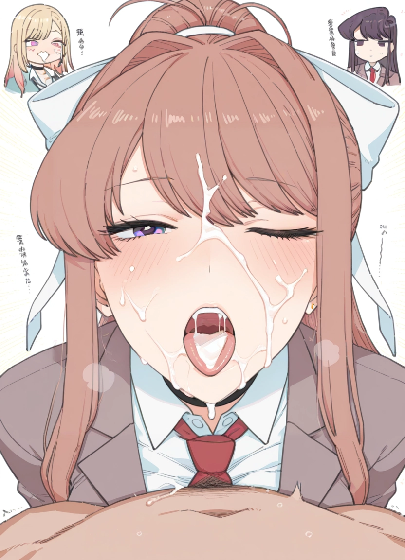 stray pubic hair, cum in mouth, cum, komi shouko, 3girls, hetero · Yamete.gg
