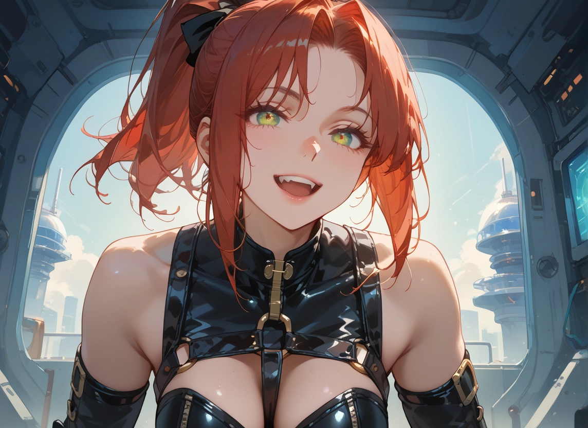 1girl, solo, open mouth, smile, green eyes, breasts · Yamete.gg
