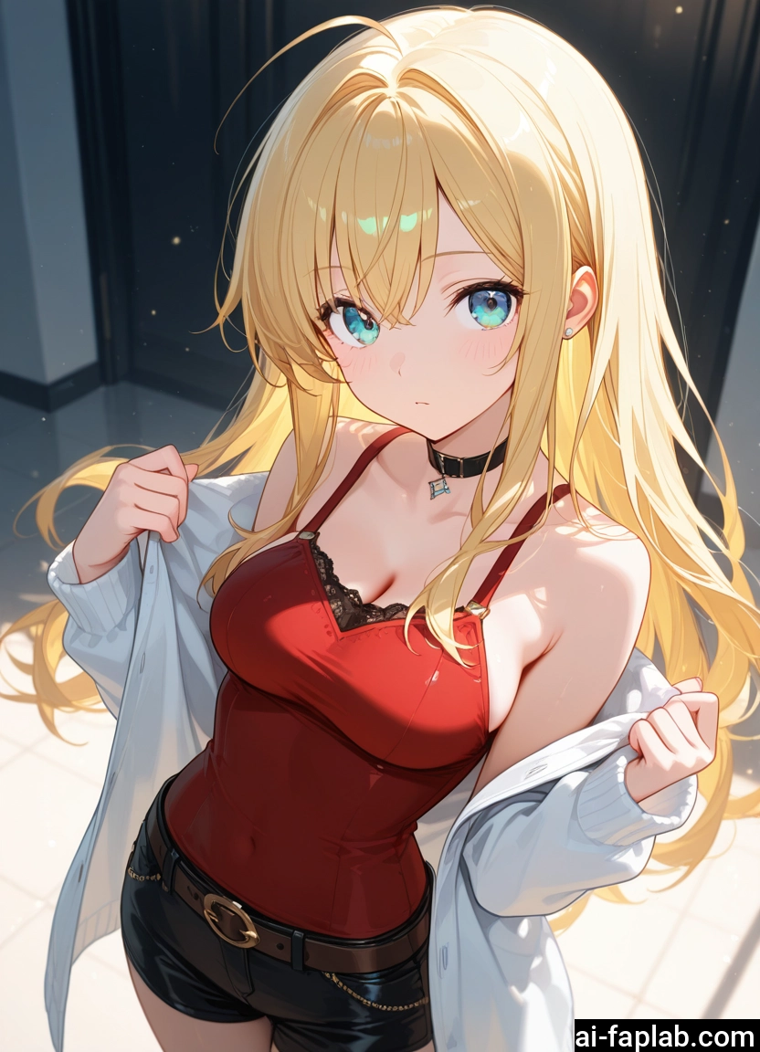 1girl, breasts, blonde hair, solo, long hair, shorts