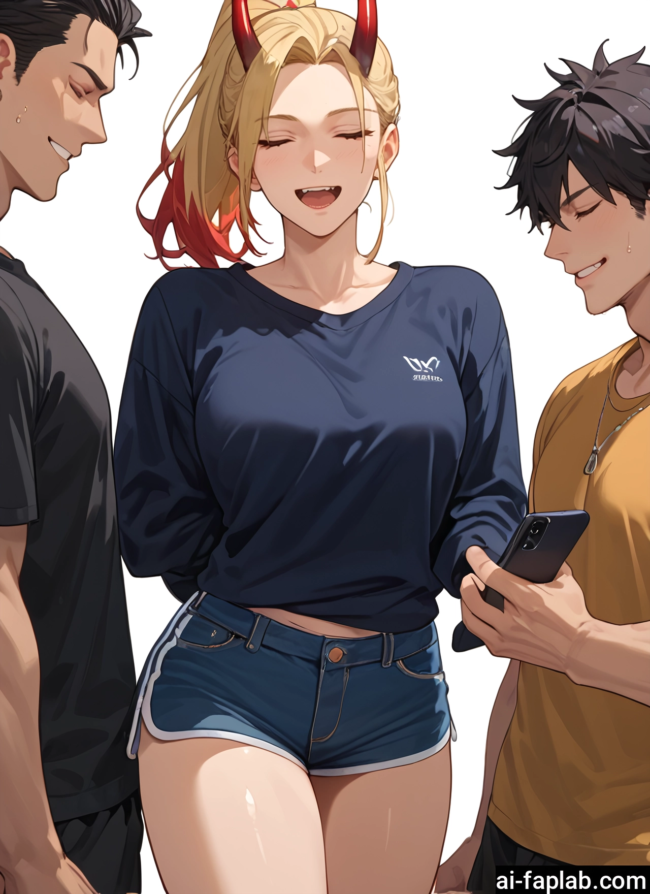1girl, shorts, blonde hair, horns, phone, shirt · Yamete.gg