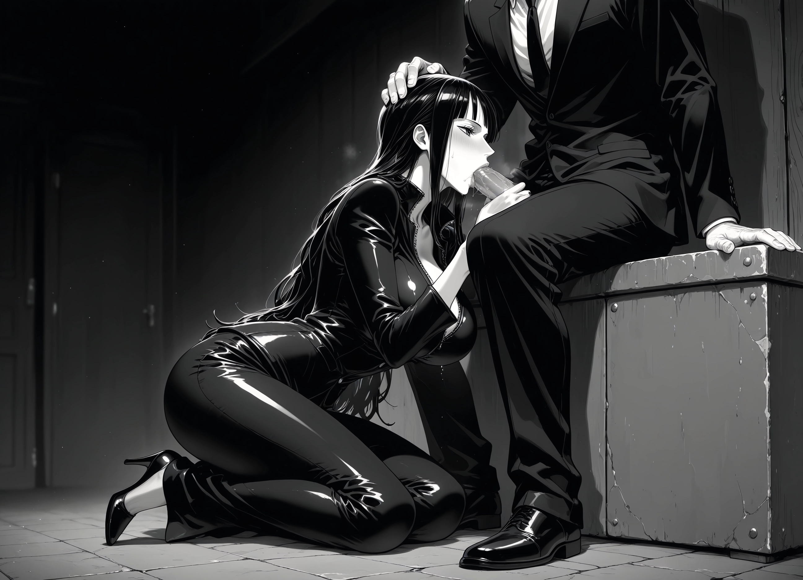 1girl, monochrome, greyscale, penis, oral, fellatio · Yamete.gg