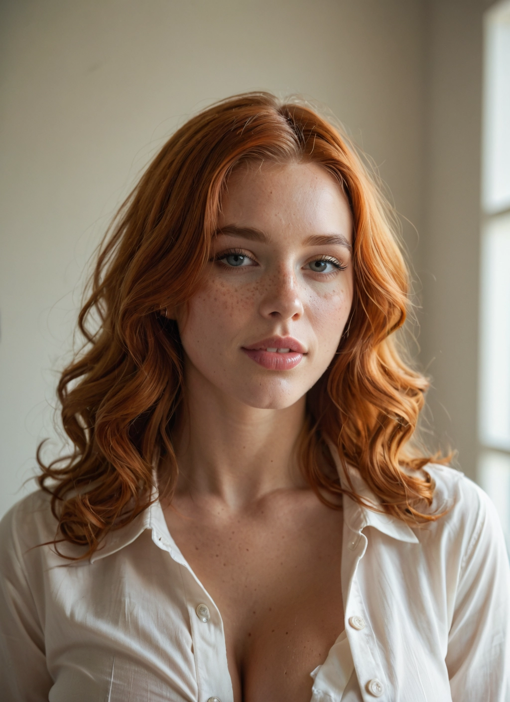 1girl, solo, breasts, freckles, shirt, cleavage · Yamete.gg