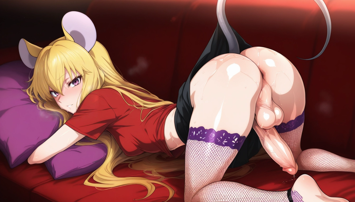 futanari, 1girl, solo, fishnet thighhighs, animal ears, long hair · Yamete.gg