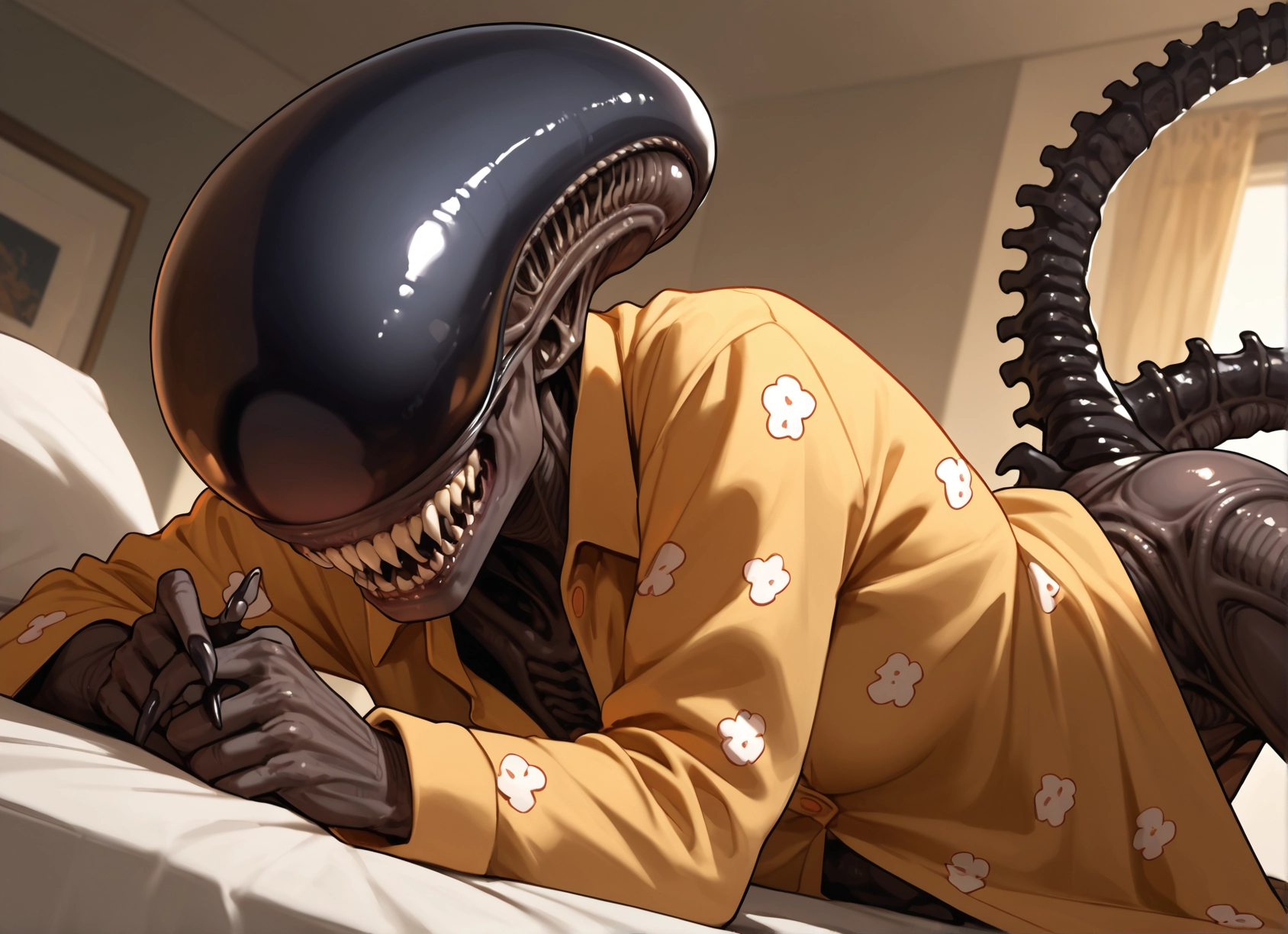 teeth, pajamas, sharp teeth, tail, indoors, solo