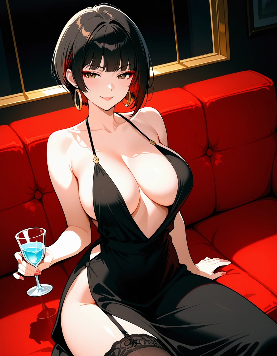 1girl, breasts, black hair, solo, dress, large breasts · Yamete.gg