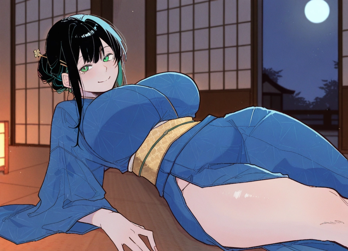 1girl, breasts, japanese clothes, kimono, black hair, green eyes · Yamete.gg