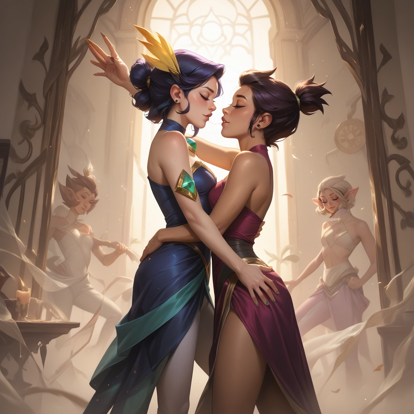 multiple girls, dress, pointy ears, closed eyes, yuri, jewelry · Yamete.gg