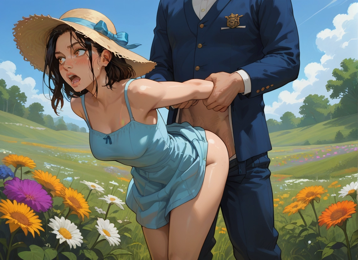1girl, 1boy, flower, hat, outdoors, hetero · Yamete.gg