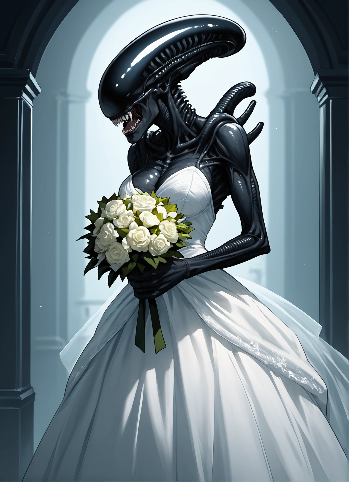 dress, flower, 1girl, bouquet, wedding dress, breasts · Yamete.gg