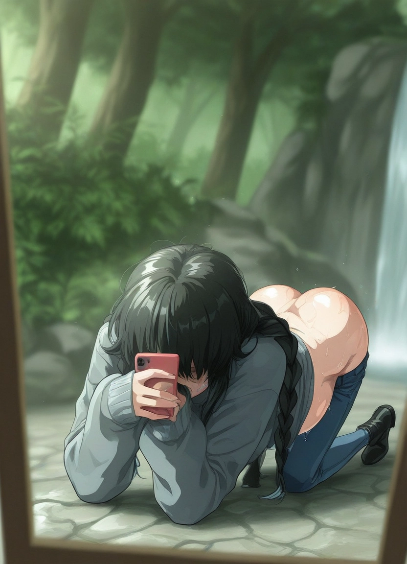 1girl, phone, braid, long hair, cellphone, black hair · Yamete.gg