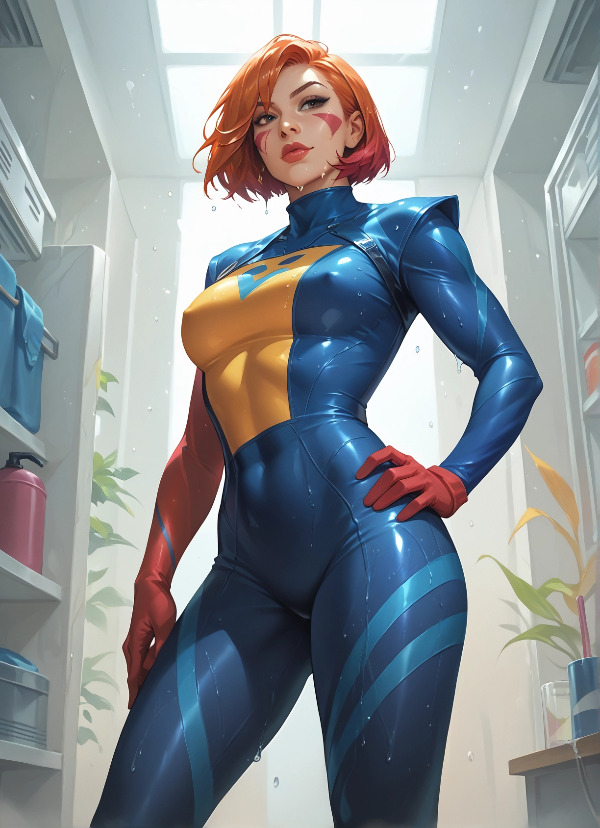 1girl, bodysuit, solo, breasts, hand on hip, short hair · Yamete.gg