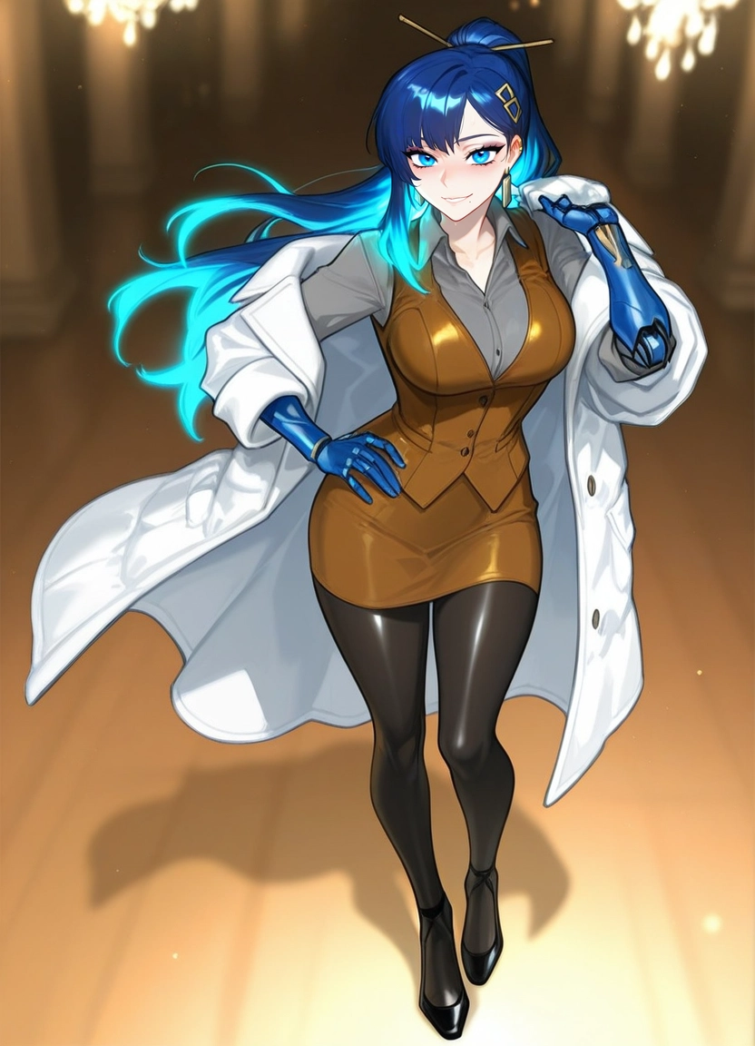 1girl, blue hair, brown vest, pantyhose, skirt, solo · Yamete.gg