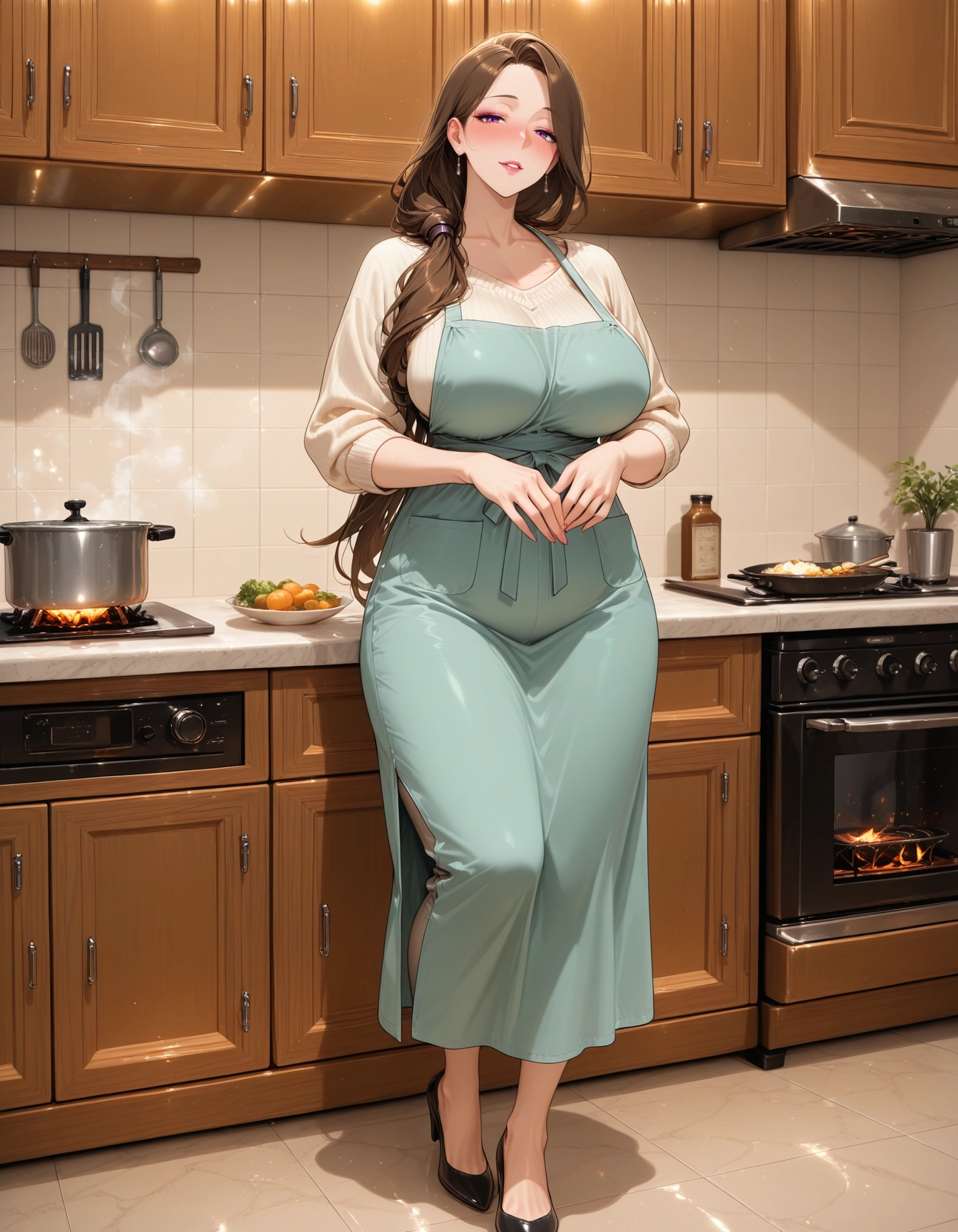 1girl, breasts, apron, brown hair, jewelry, long hair