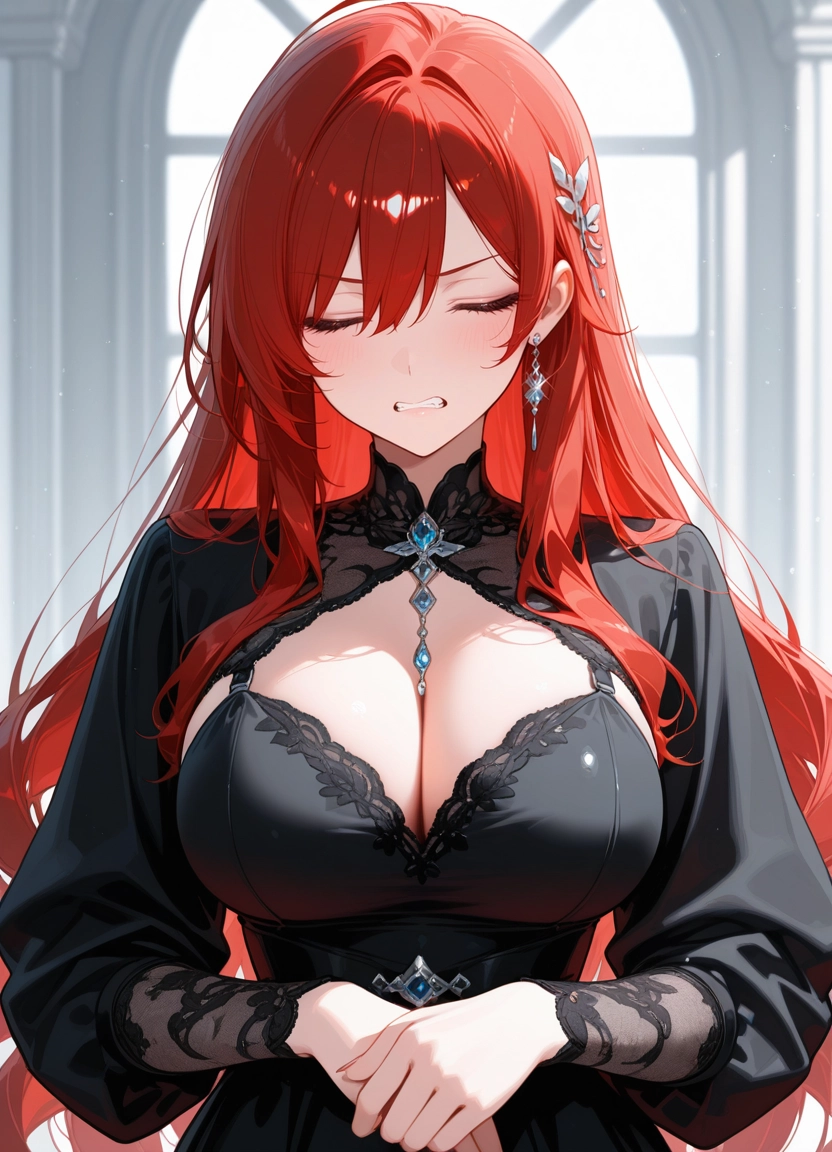 1girl, breasts, red hair, dress, solo, black dress · Yamete.gg